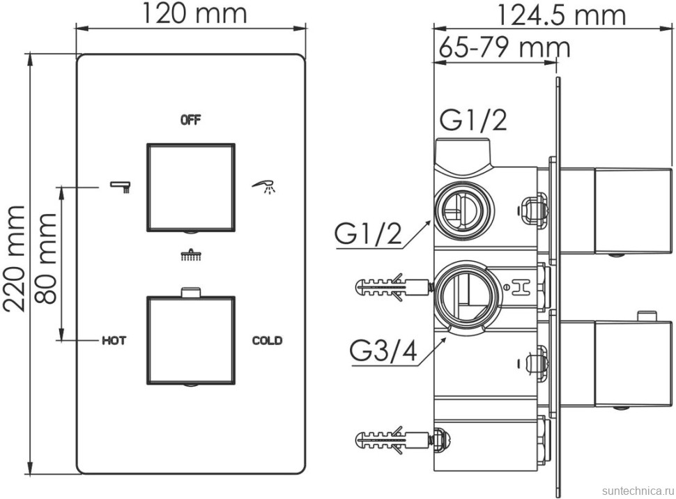 Термостатический смеситель встраиваемый Wasserkraft Alme 1544 Termo С ВНУТРЕННЕЙ ЧАСТЬЮ, для ванны с душем