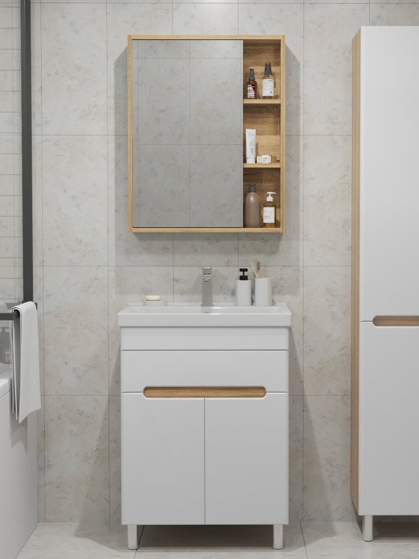 Мебель для ванной комнаты SanStar Модена 60 напольная, глянцевая белая, дуб вотан, раковина Fest 60