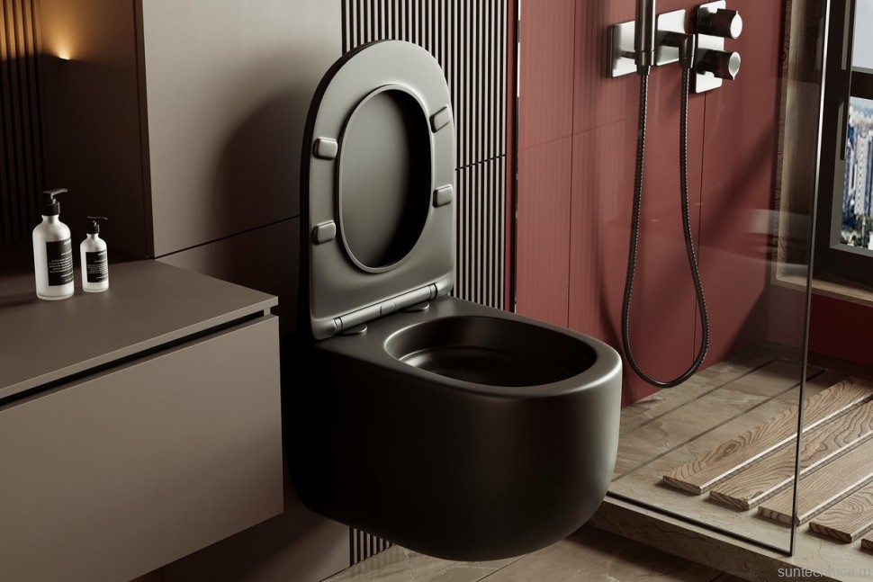 Унитаз подвесной Abber Bequem AC1104TMB безободковый, с микролифтом, матовый черный