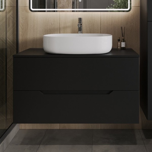 Тумба с раковиной Orange Line 100 подвесная, 2 ящика, матовая черная с раковиной B04-600W