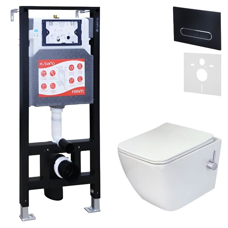 Комплект 3 в 1 Унитаз подвесной Esbano ESWBLEONWN + Инсталляция Fram + Кнопка ESINOVL17MB цвет матовый черный