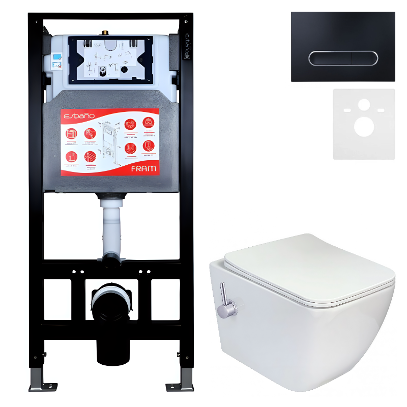 Комплект 3 в 1 Унитаз подвесной Esbano ESWBLEONWN + Инсталляция Fram + Кнопка ESINOVL17MB цвет матовый черный