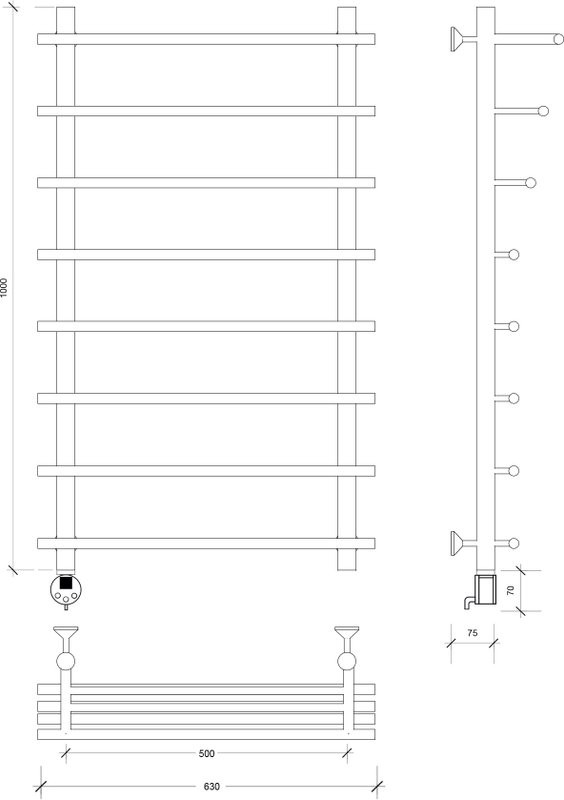 Полотенцесушитель электрический Secado Турин 6 100x55 см, подключение слева, матовый черный, лесенка, с полкой