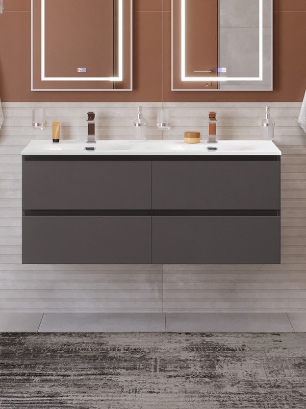 Тумба с раковиной BelBagno Kraft 120 подвесная, матовая темно-серая, раковина bb-8099-120-2, для двоих