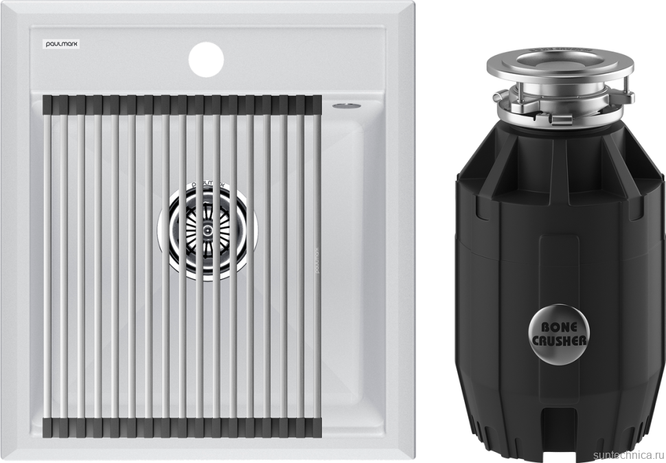 Комплект Мойка Paulmark Stepia + Step PM114651-WH+R375-BS белая + Измельчитель Bone Crusher BC 910-AS