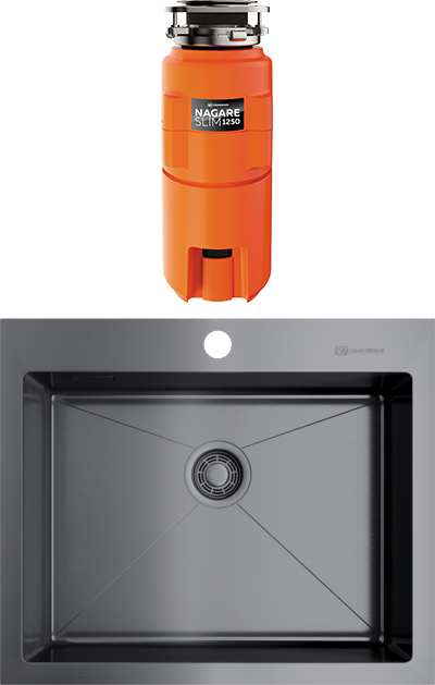 Комплект Мойка Omoikiri Akisame 59-GM 4973096 вороненая сталь + Измельчитель Nagare slim 1250