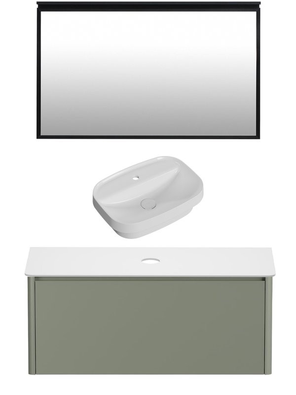 Мебель для ванной комнаты Allen Brau Gravity 120 1 ящик, матовая олива, столешница белая, раковина Fantasy Sphere 55х40, белая