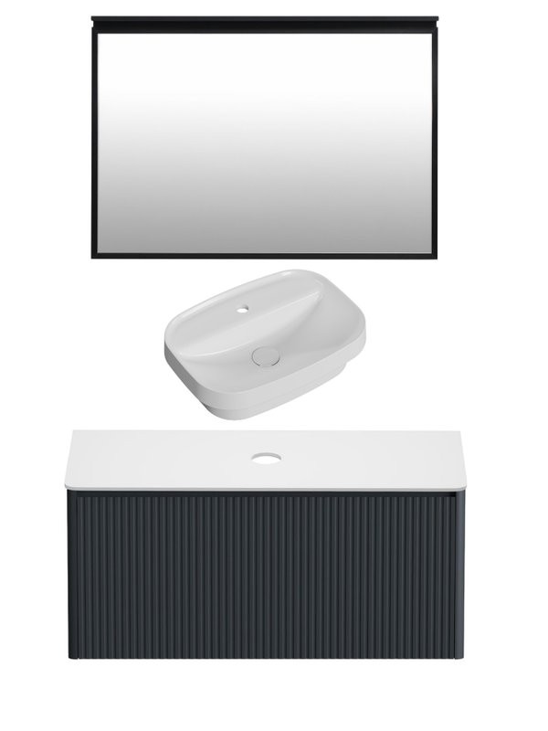 Мебель для ванной комнаты Allen Brau Gravity 100 1 ящик, с фрезеровкой, матовый антрацит, столешница белая, раковина Fantasy Sphere 55х40, белая