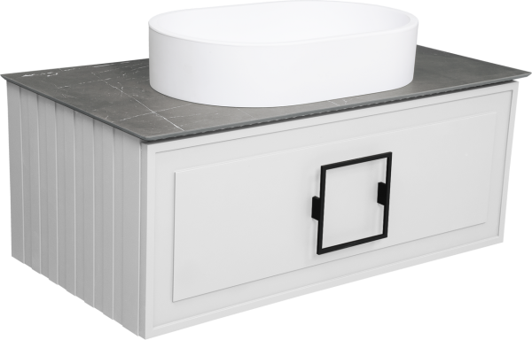 Тумба с раковиной La Fenice Cubo 90 подвесная, bianco, ручка черная, столешница черный мрамор, раковина матовая белая