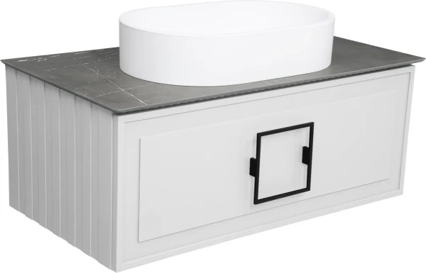 Тумба с раковиной La Fenice Cubo 90 подвесная, bianco, ручка черная, столешница черный мрамор, раковина матовая белая
