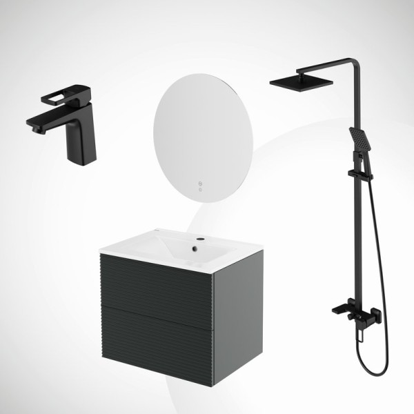 Комплект IDDIS 5в1: тумба подвесная с умывальником Bild 60 см + зеркало с термообогревом Bild + душевая система Bild + смеситель для умывальника Bild