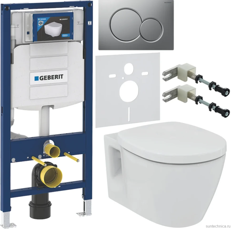 Комплект Унитаз подвесной Ideal Standard Connect + Крышка + Инсталляция Geberit Duofix UP 320 111.300.00.5 + Кнопка Sigma 01 115.770.JQ.5 лакированная, матовый хром + Крепления 111.815.00.1 к стене + Звукоизоляция