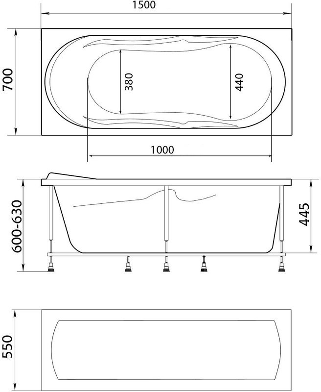 Акриловая ванна 1MarKa Vita 150x70 см, пристенная, белая, с каркасом