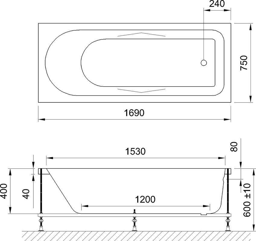 Акриловая ванна Royal Bath Tudor RB 407701 170x75 см, пристенная, белая, на ножках