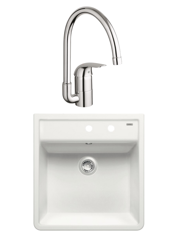 Комплект Мойка Blanco Panor 514501 белая глянцевая, два отверстия + Смеситель Grohe Euroeco