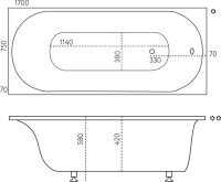 Ванна из искусственного камня Marmo Bagno Лючия 170x75 см, пристенная, белая, на ножках