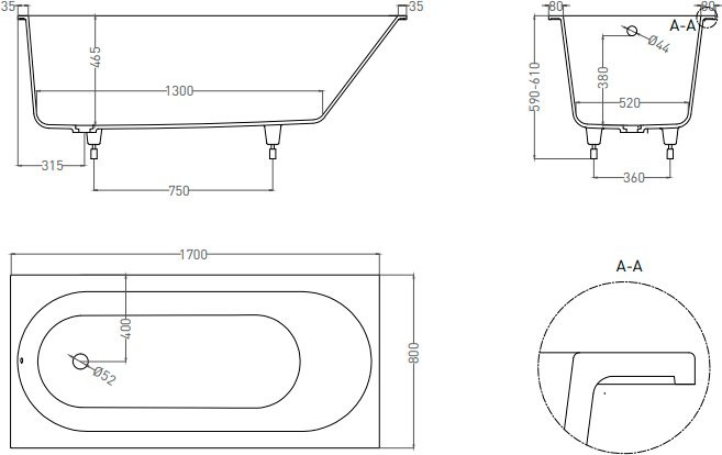 Ванна из искусственного камня Salini Ornella S-Sense 170x80 см, встраиваемая, матовая белая, на ножках