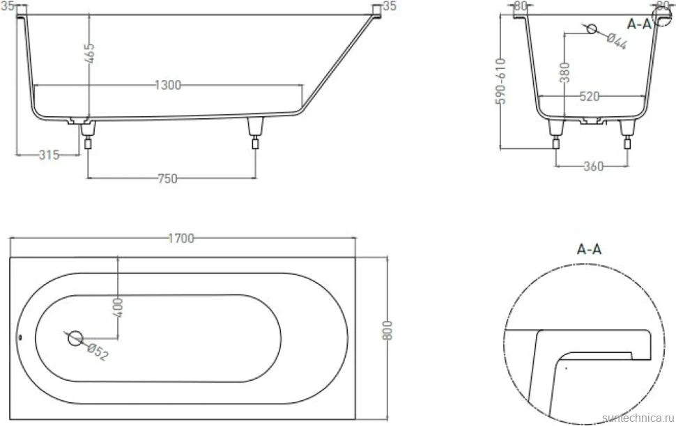 Ванна из искусственного камня Salini Ornella S-Sense 170x80 см, встраиваемая, матовая белая, на ножках