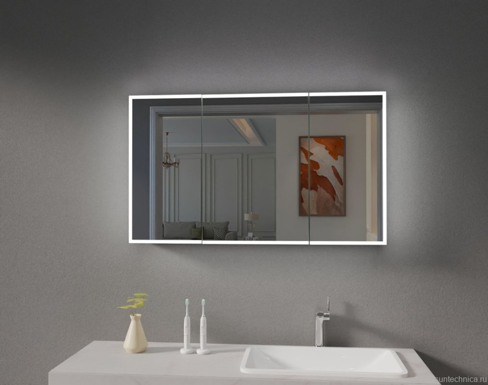 Зеркальный шкаф Esbano ES-3812D 120х70см для ванной с инфракрасным выключателем, с подогревом большой дверки, с крючком для фена, с LED-подсветкой корпуса и внутренней подсветкой двух отделов