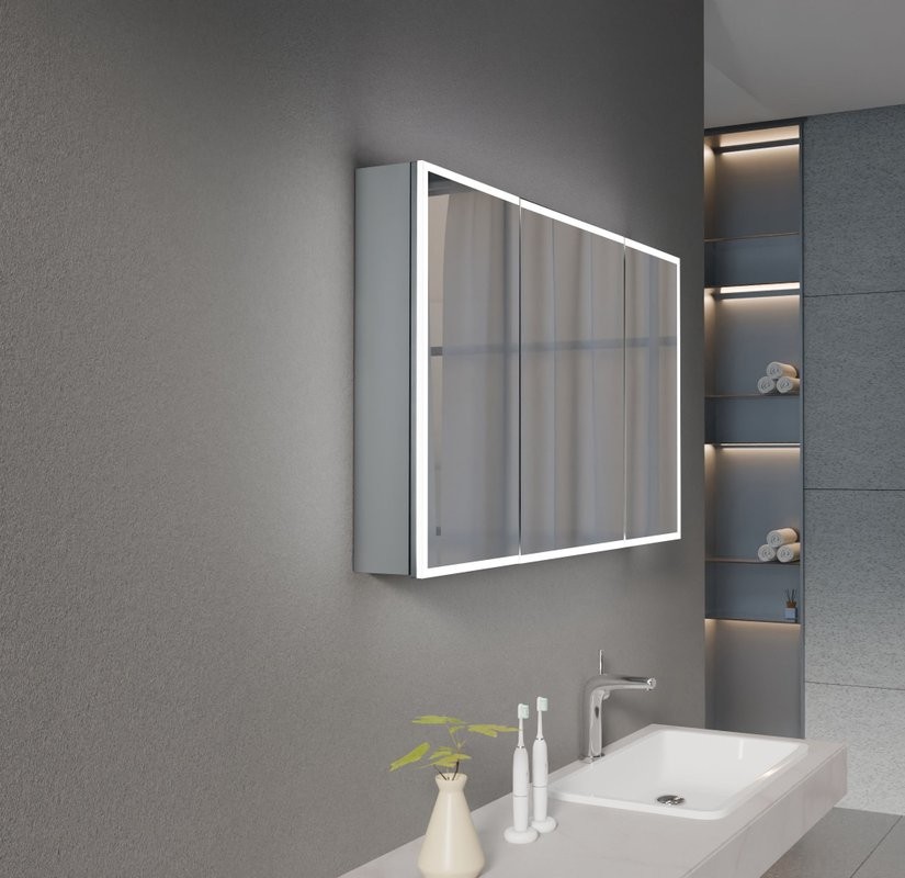 Зеркальный шкаф Esbano ES-3812D 120х70см для ванной с инфракрасным выключателем, с подогревом большой дверки, с крючком для фена, с LED-подсветкой корпуса и внутренней подсветкой двух отделов