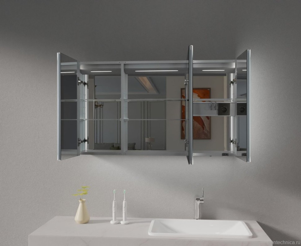 Зеркальный шкаф Esbano ES-3812D 120х70см для ванной с инфракрасным выключателем, с подогревом большой дверки, с крючком для фена, с LED-подсветкой корпуса и внутренней подсветкой двух отделов