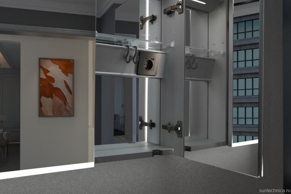 Зеркальный шкаф Esbano ES-3812D 120х70см для ванной с инфракрасным выключателем, с подогревом большой дверки, с крючком для фена, с LED-подсветкой корпуса и внутренней подсветкой двух отделов