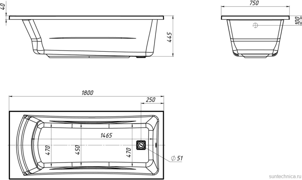Акриловая ванна Marka One Prime 180x75 см, пристенная, белая, с каркасом