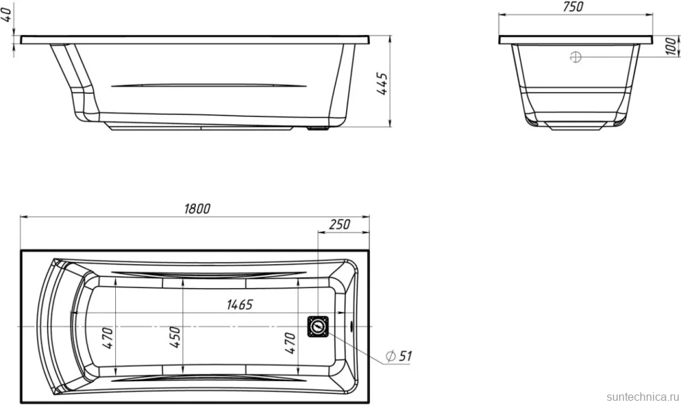 Акриловая ванна Marka One Prime 180x75 см, пристенная, белая, с каркасом