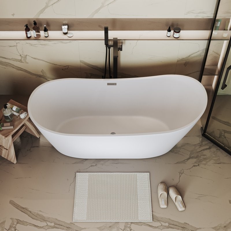 Акриловая ванна Grossman Galaxy GR-2102M 170x75 см, отдельностоящая, белая матовая, овальная, со сливом-переливом, с донным клапаном