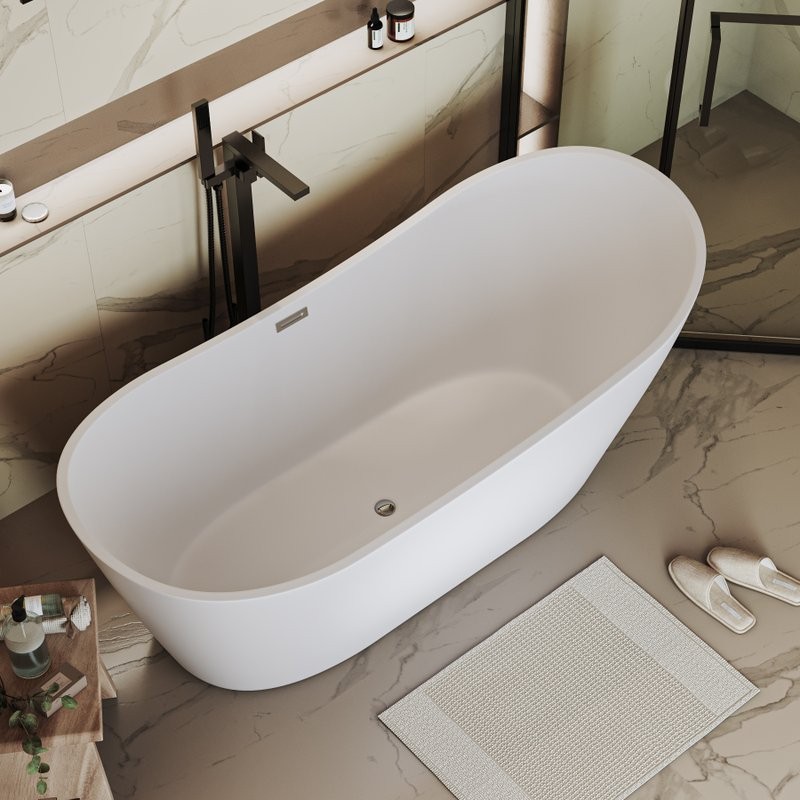 Акриловая ванна Grossman Galaxy GR-2102M 170x75 см, отдельностоящая, белая матовая, овальная, со сливом-переливом, с донным клапаном