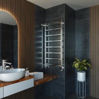 Полотенцесушитель электрический Grota Lore 530х1200 NP EL 120x55 см, подключение справа, слева, скрытое подключение справа, глянцевый хром, лесенка, с полкой