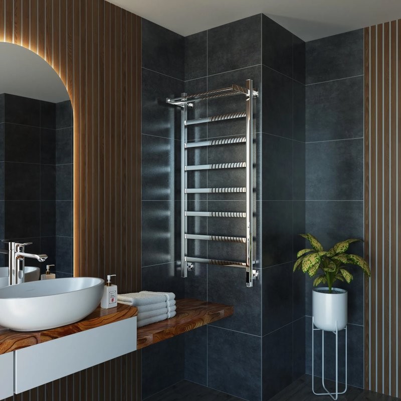 Полотенцесушитель электрический Grota Lore 530х1200 NP EL 120x55 см, подключение справа, слева, скрытое подключение справа, глянцевый хром, лесенка, с полкой