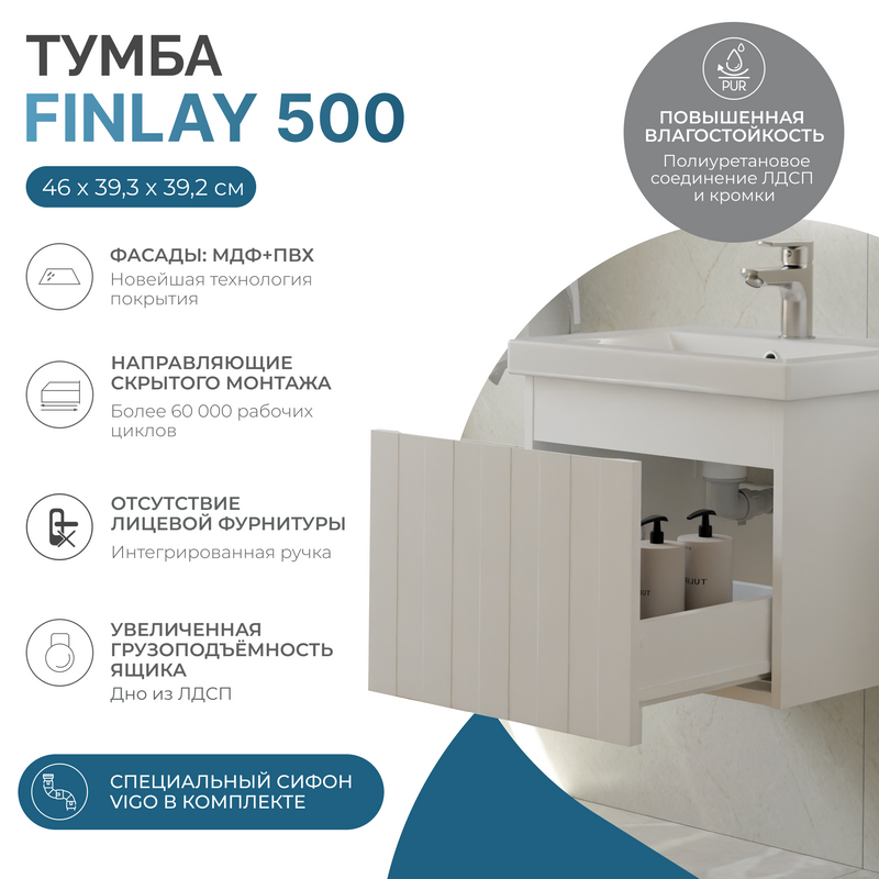 Мебель для ванной комнаты Vigo Finlay 50 подвесная, 1 ящик, матовая белая