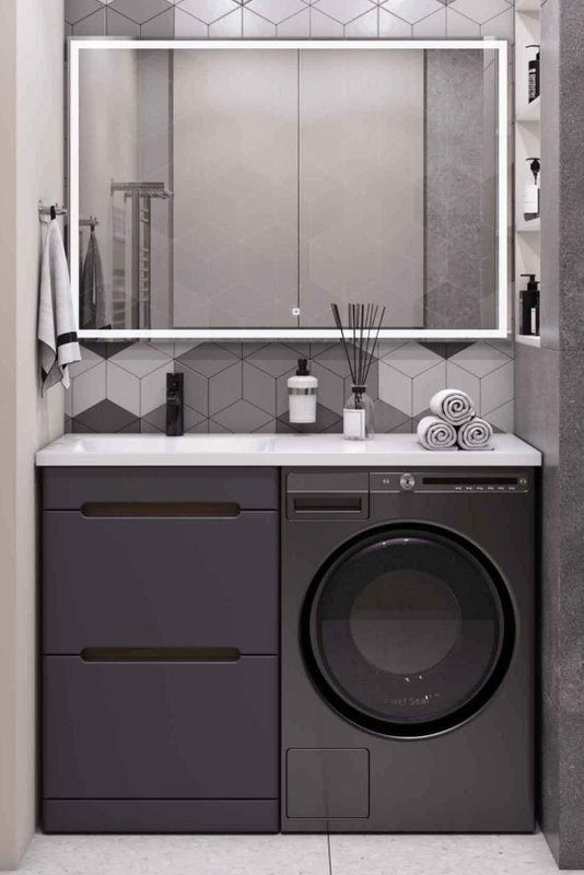 Мебель для ванной комнаты SanStar Darko 120 L напольная, под стиральную машину, графит софт, дуб вотан, раковина Даллас 120