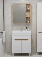 Мебель для ванной комнаты SanStar Модена 70 напольная, глянцевая белая, дуб вотан, раковина Миранда 70