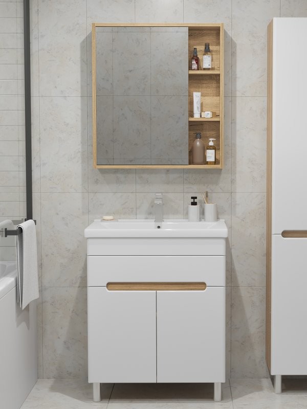 Мебель для ванной комнаты SanStar Модена 70 напольная, глянцевая белая, дуб вотан, раковина Миранда 70