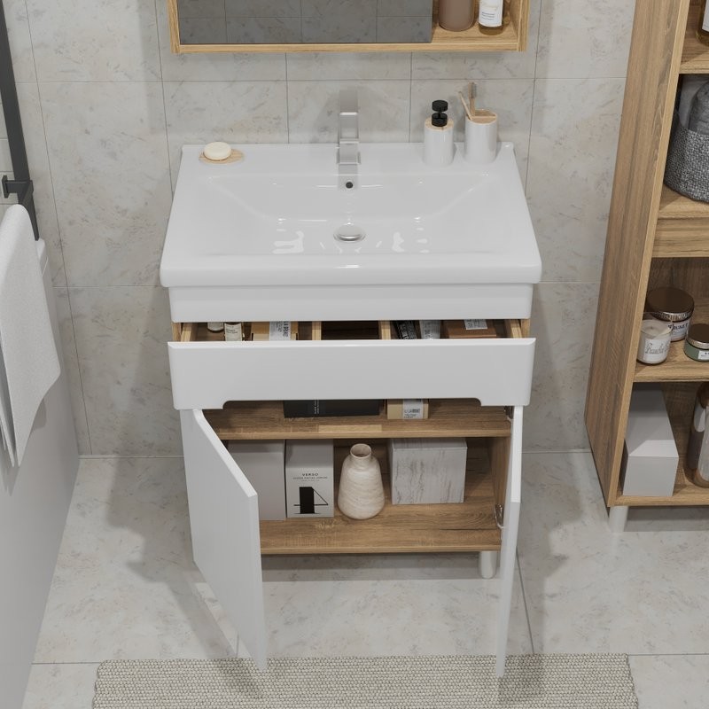 Мебель для ванной комнаты SanStar Модена 70 напольная, глянцевая белая, дуб вотан, раковина Миранда 70