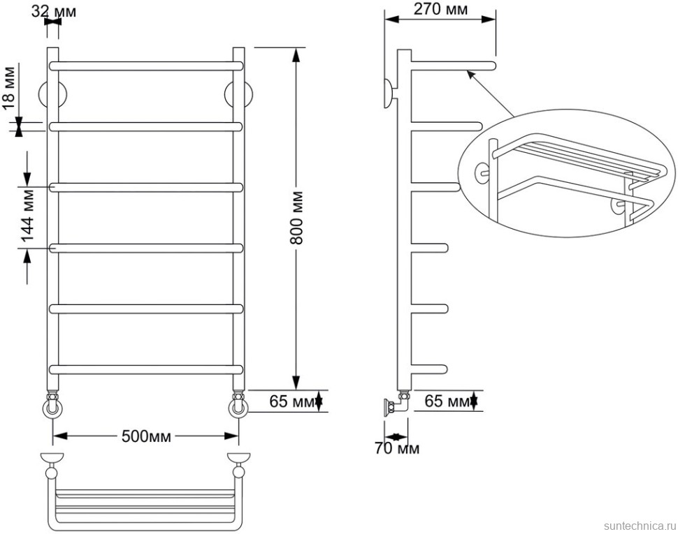 Полотенцесушитель водяной Secado Мерида 2 85x55 см, бронза, лесенка, латунь, с полкой