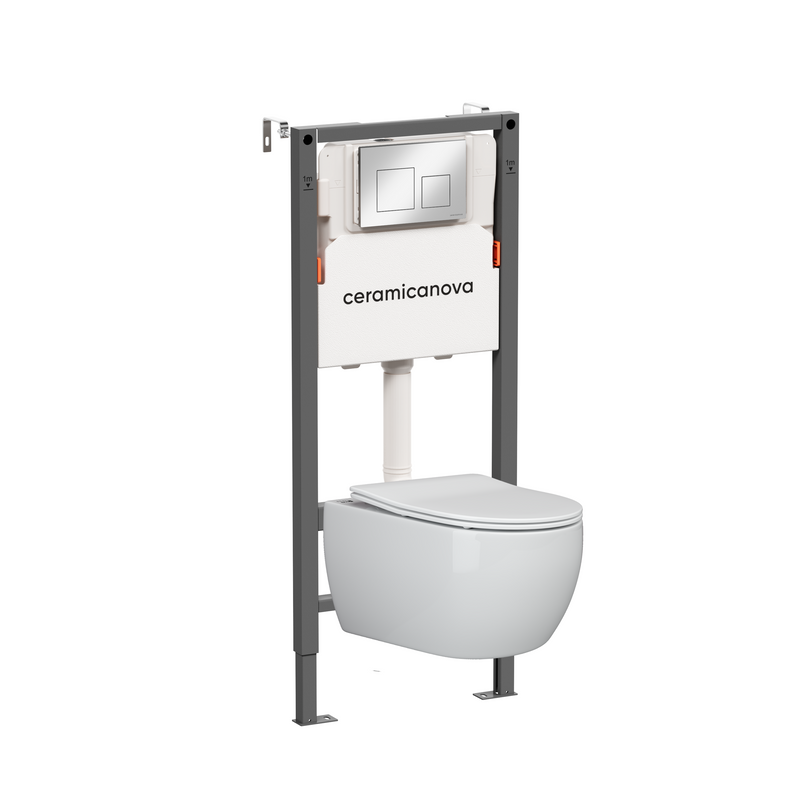 Комплект Ceramicanova Унитаз подвесной Play CN3001 безободковый, с микролифтом + Инсталляция Balance CN121002CH с кнопкой Square глянцевый хром