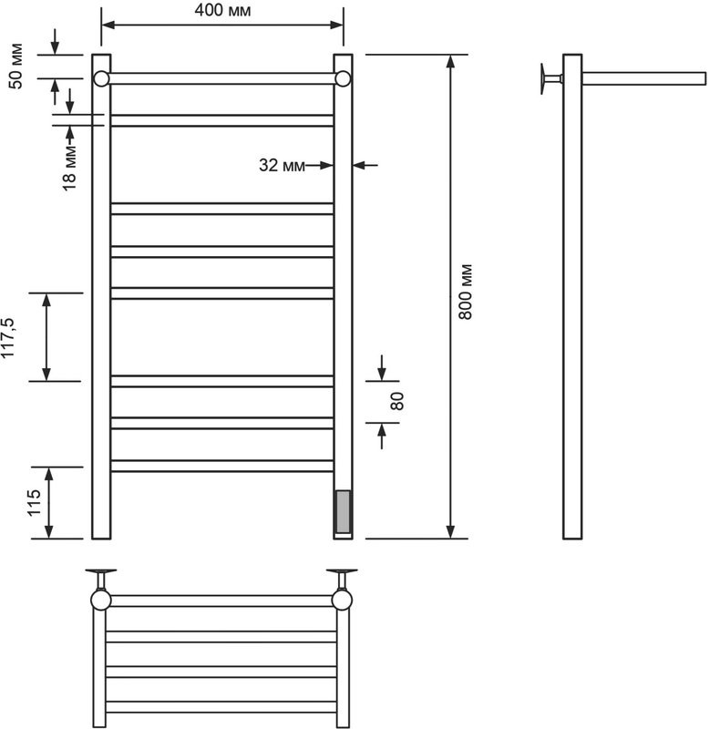 Полотенцесушитель электрический Comfysan Luce EC-8 80x45 см, подключение справа, слева, матовый черный, лесенка, из стали, с полкой