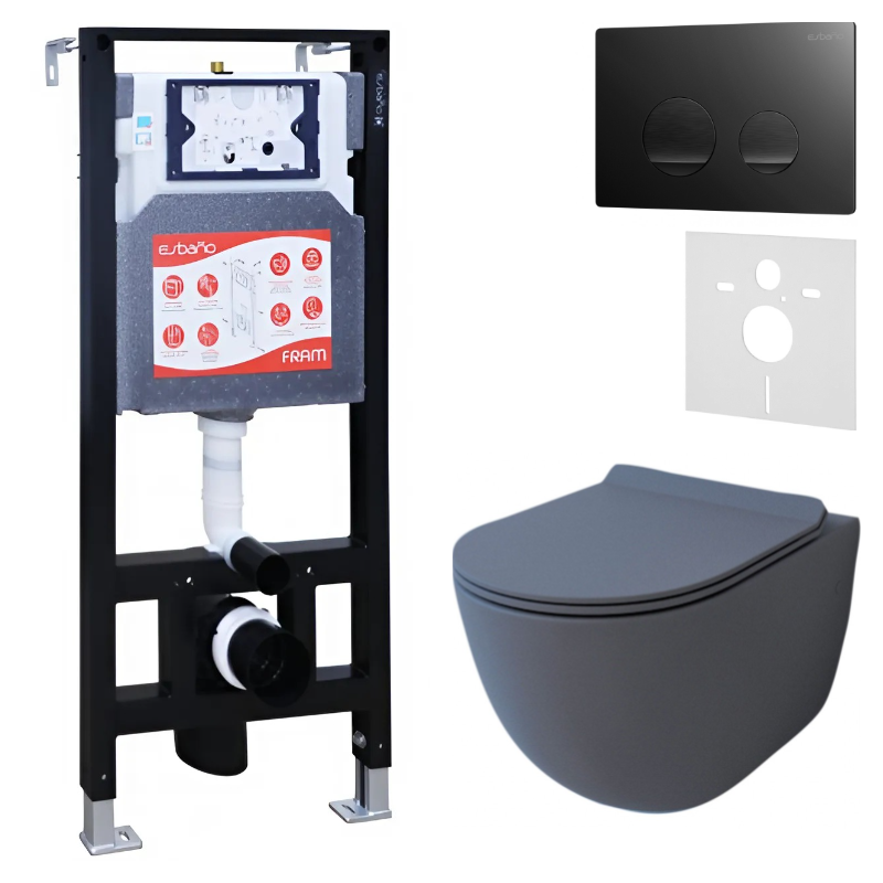Комплект Унитаз подвесной Esbano Garcia ESUPGARCGM матовый серый + Инсталляция Fram + Кнопка ESINSLM37MB