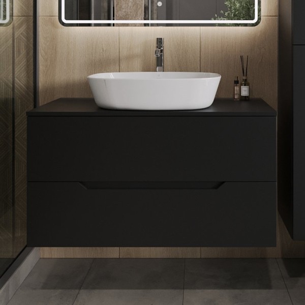 Тумба с раковиной Orange Line 100 подвесная, 2 ящика, матовая черная с раковиной B08-500W