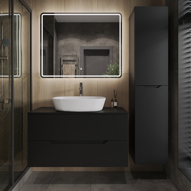 Тумба с раковиной Orange Line 100 подвесная, 2 ящика, матовая черная с раковиной B08-500W