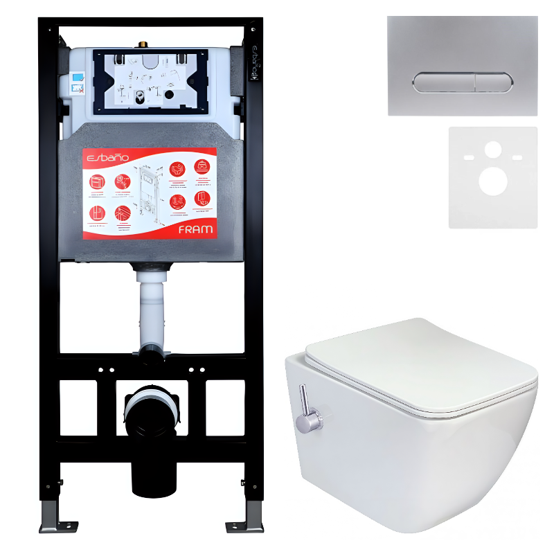 Комплект 3 в 1 Унитаз подвесной Esbano ESWBLEONWN + Инсталляция Fram + Кнопка ESINOVL17MC цвет матовый хром