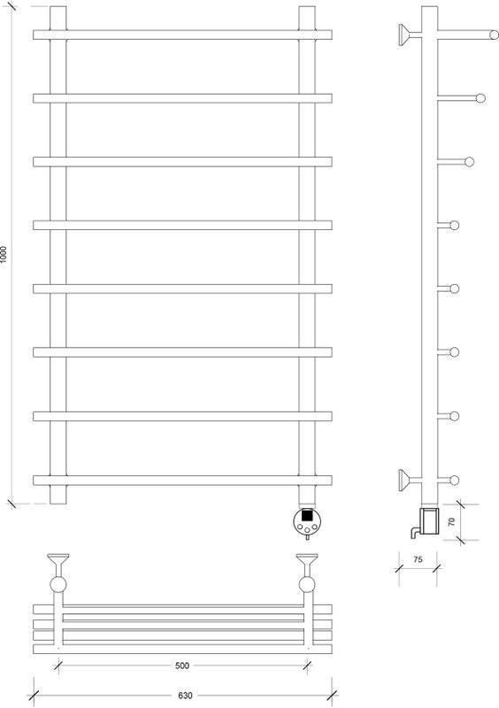 Полотенцесушитель электрический Secado Турин 6 100x55 см, подключение справа, матовый черный, лесенка, с полкой