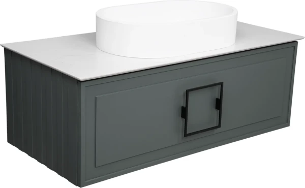Тумба с раковиной La Fenice Cubo 100 подвесная, grigio, ручка черная, столешница белый мрамор, раковина белая матовая