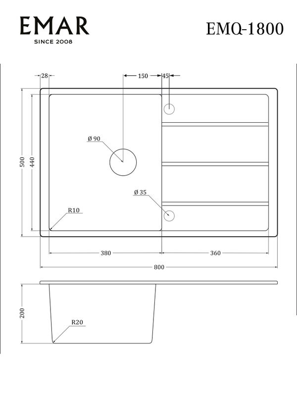 Мойка кухонная Emar Quartz EMQ-1800.Q Оникс