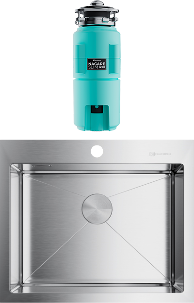 Комплект Мойка Omoikiri Akisame 59-IN нержавеющая сталь + Измельчитель Nagare slim 1250-AZ azur blue