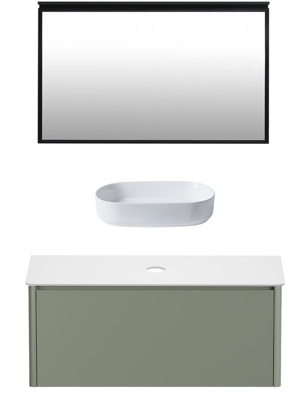 Мебель для ванной комнаты Allen Brau Gravity 120 1 ящик, матовая олива, столешница белая, раковина Fantasy Oval 55, белая
