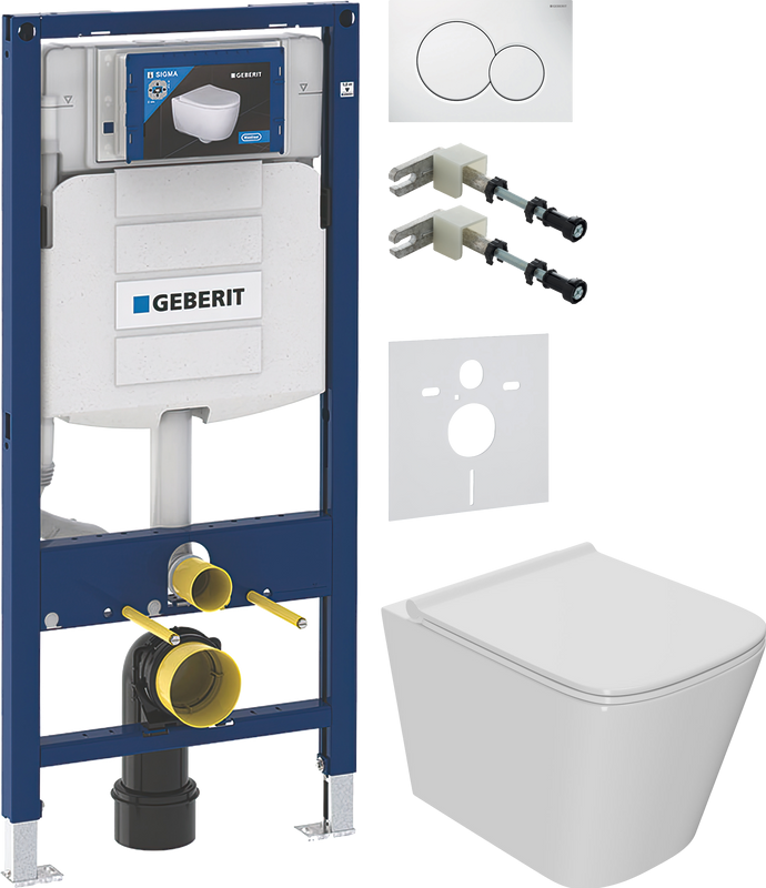 Комплект Унитаз подвесной Bauedge Bau Stil PRO безободковый, с микролифтом, белый + Крепления Geberit Duofix 111.815.00.1 к стене + Звукоизоляция + Инсталляция UP 320 111.300.00.5 + Кнопка Sigma 01 115.770.11.5 белая